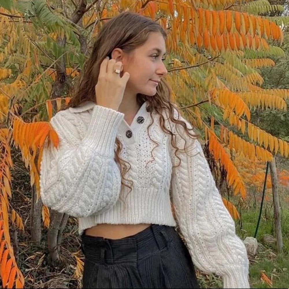 🦄HP♦︎ Sweater crop top cable knit white womens long sleeve button collar - Picture 4 of 7